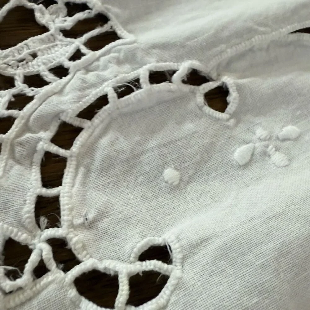 Vintage Embroidered Cross Stitch White Floral Battenberg Lace Oval Tablecloth 93